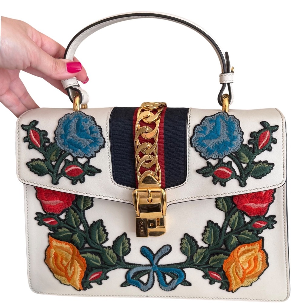 Gucci Sylvie Medium Floral Embroidered Leather Top Handle Bag | Box + Dust Bag - Picture 16 of 16